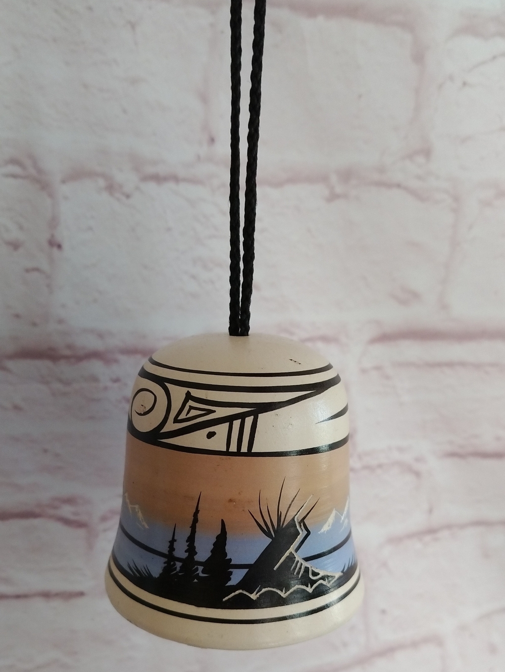 Hand-Painted Native American Style Beige and Blue Ceramic Bell Wall Art